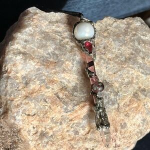 Unique Pink/Lavender Hue Scepter Pendent with Pewter Tone Metal Accent